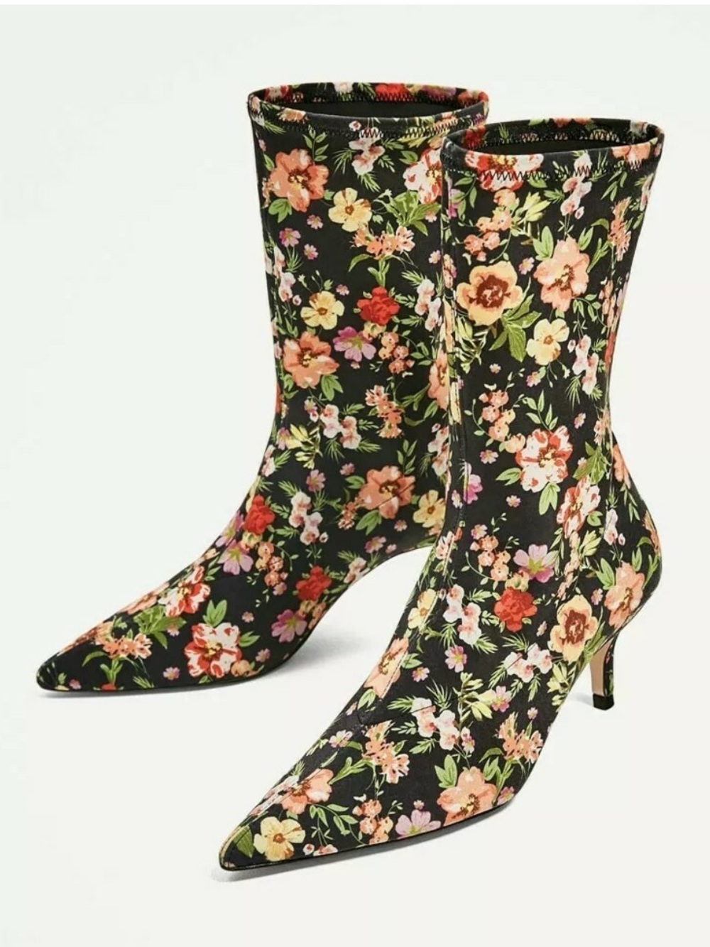Zara Floral Pointed Toe Kitten Heel Ankle Boots - Black Floral
